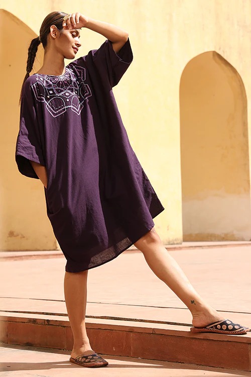 Okhai "Mandala" Hand Embroidered Mirror and Beadwork Pure Cotton Kaftan Dress - Image 5