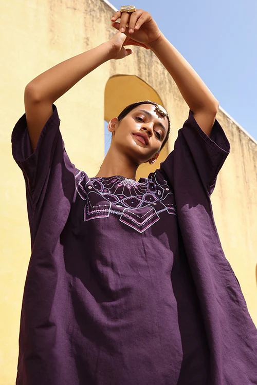 Okhai "Mandala" Hand Embroidered Mirror and Beadwork Pure Cotton Kaftan Dress - Image 7