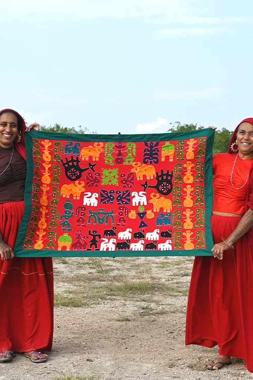 Okhai Maroon Village Themed Applique and Mirrorwork Wall Hanging