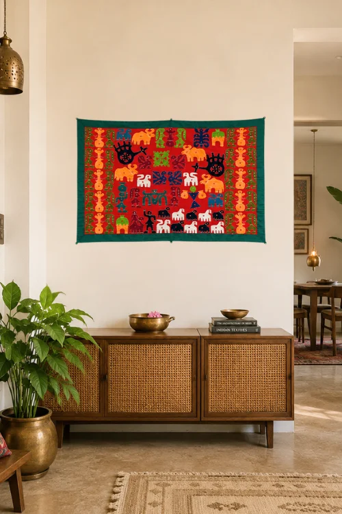 Okhai Maroon Village Themed Applique and Mirrorwork Wall Hanging - Image 2