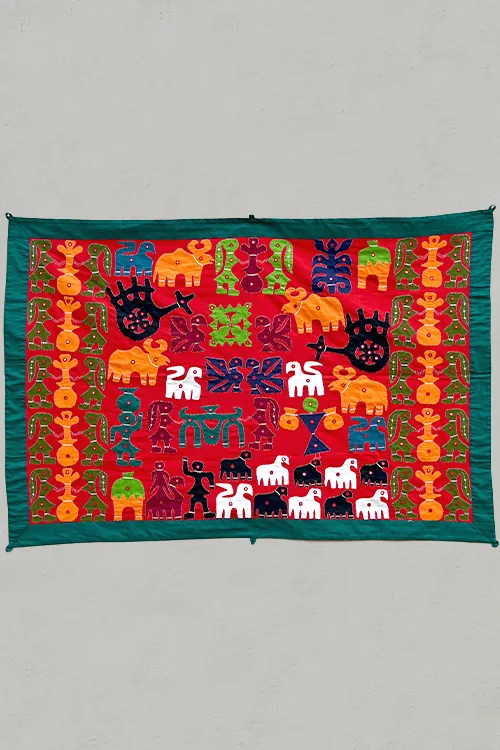 Okhai Maroon Village Themed Applique and Mirrorwork Wall Hanging - Image 3