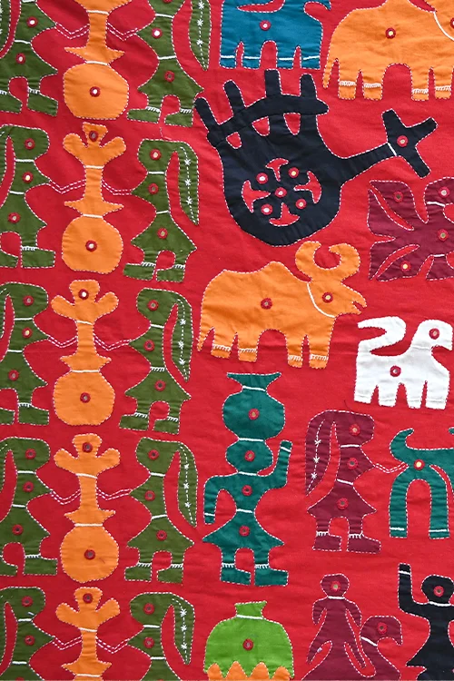 Okhai Maroon Village Themed Applique and Mirrorwork Wall Hanging - Image 4