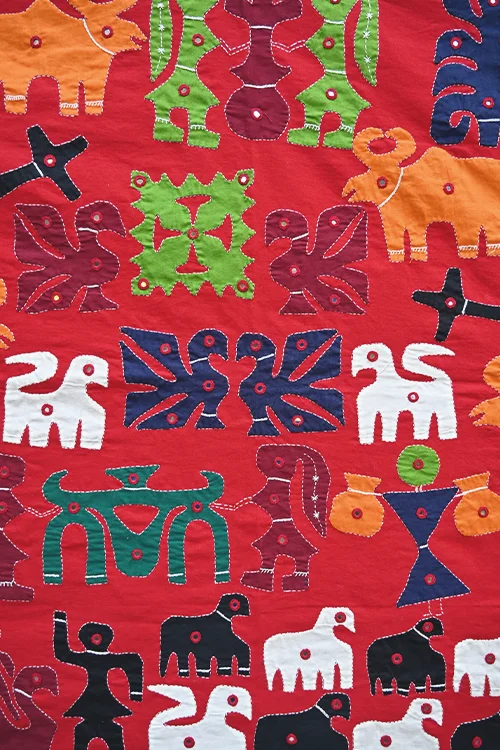 Okhai Maroon Village Themed Applique and Mirrorwork Wall Hanging - Image 5