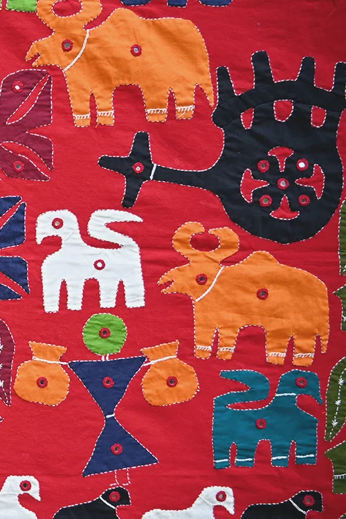 Okhai Maroon Village Themed Applique and Mirrorwork Wall Hanging - Image 6