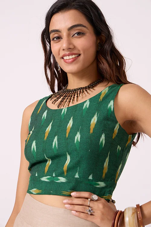 Okhai "Meadow" Pure Cotton Ikat Green Sleeveless Top - Image 4