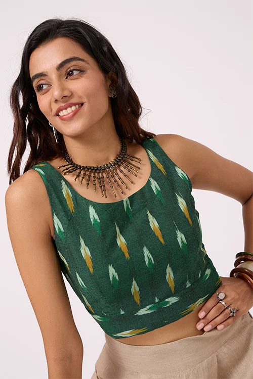 Okhai "Meadow" Pure Cotton Ikat Green Sleeveless Top - Image 6