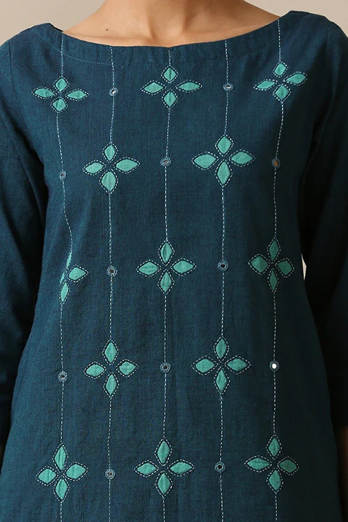 Okhai 'Melodious' Pure Cotton Applique Work Hand Embroidered Mirror Work Kurta - Image 2