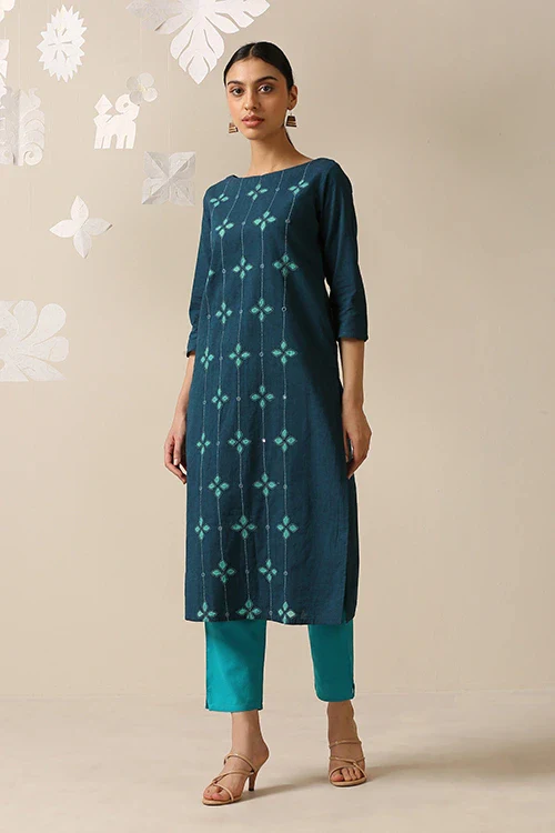Okhai 'Melodious' Pure Cotton Applique Work Hand Embroidered Mirror Work Kurta - Image 3