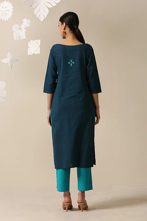 Okhai 'Melodious' Pure Cotton Applique Work Hand Embroidered Mirror Work Kurta - Image 4