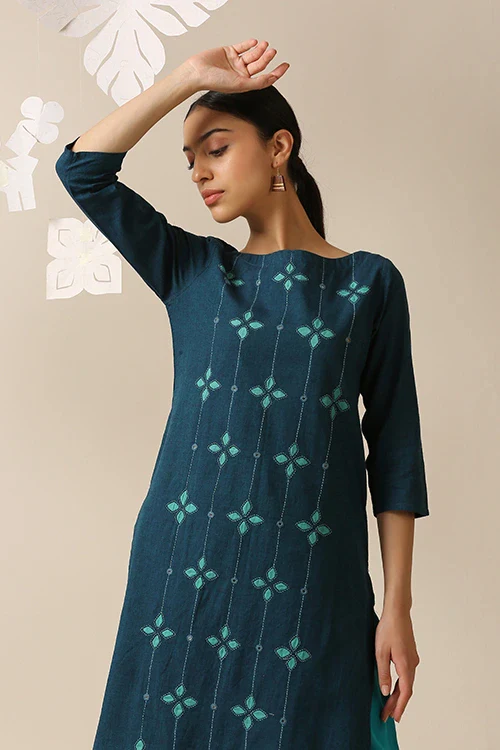 Okhai 'Melodious' Pure Cotton Applique Work Hand Embroidered Mirror Work Kurta - Image 6