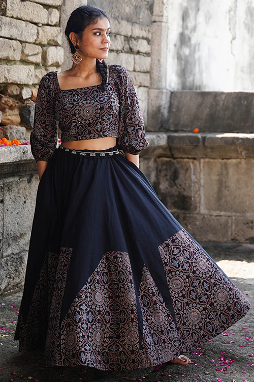 Okhai 'Midnight' Black Ajrakh Pure Cotton Free Size Skirt