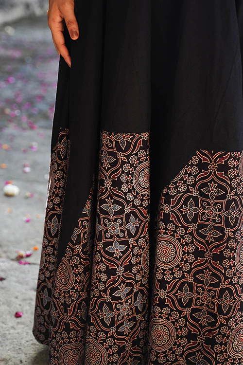 Okhai 'Midnight' Black Ajrakh Pure Cotton Free Size Skirt - Image 4