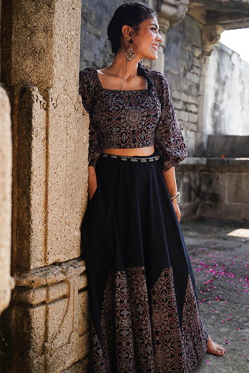 Okhai 'Midnight' Black Ajrakh Pure Cotton Free Size Skirt - Image 6