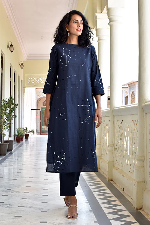 Okhai 'Midnight Sky' Hand Embroidered Kurta Pant Set
