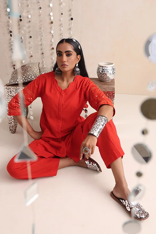 Okhai "Mirror Song" Hand-Embroidered Orange Pure Cotton Kurta Pant Set - Image 6