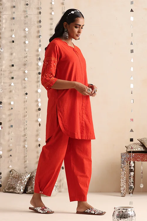 Okhai "Mirror Song" Hand-Embroidered Orange Pure Cotton Kurta Pant Set - Image 7
