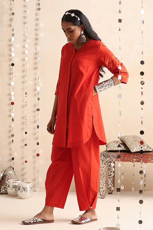 Okhai "Mirror Song" Hand-Embroidered Orange Pure Cotton Kurta Pant Set - Image 8