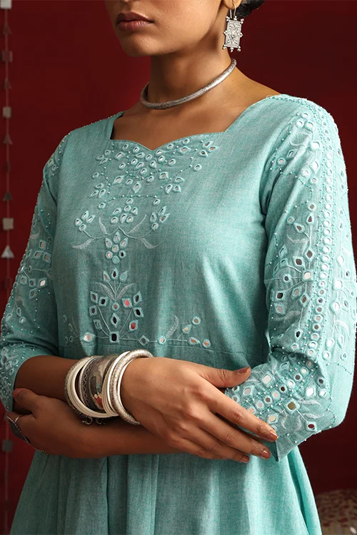 Okhai "Moonlit" Hand-Embroidered Pure Cotton Kurta Pant Set with Dupatta - Image 2