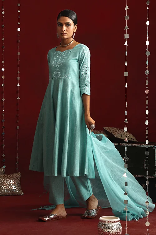Okhai "Moonlit" Hand-Embroidered Pure Cotton Kurta Pant Set with Dupatta - Image 5