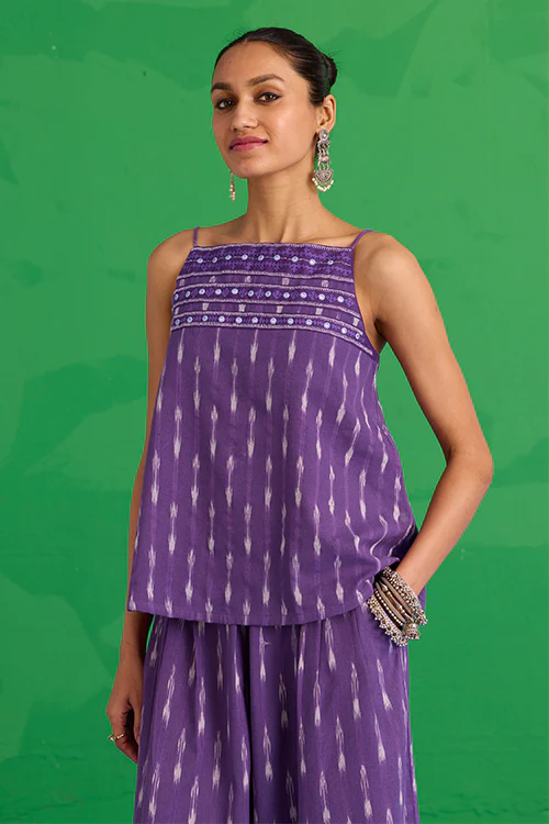 Okhai "Mulberry" Hand-Embroidered Mirrorwork Pure Cotton Ikkat Purple Top - Image 2