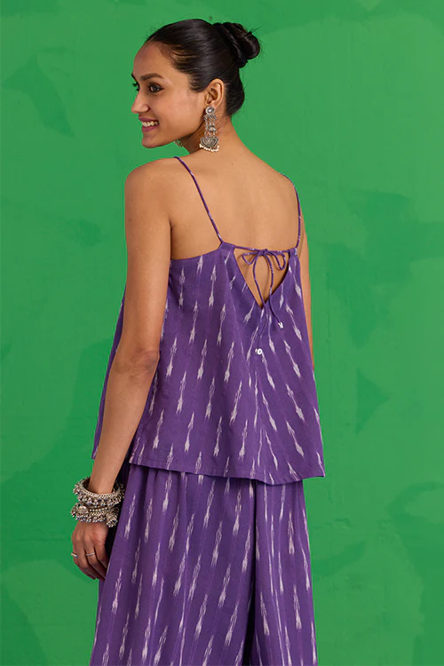 Okhai "Mulberry" Hand-Embroidered Mirrorwork Pure Cotton Ikkat Purple Top - Image 4