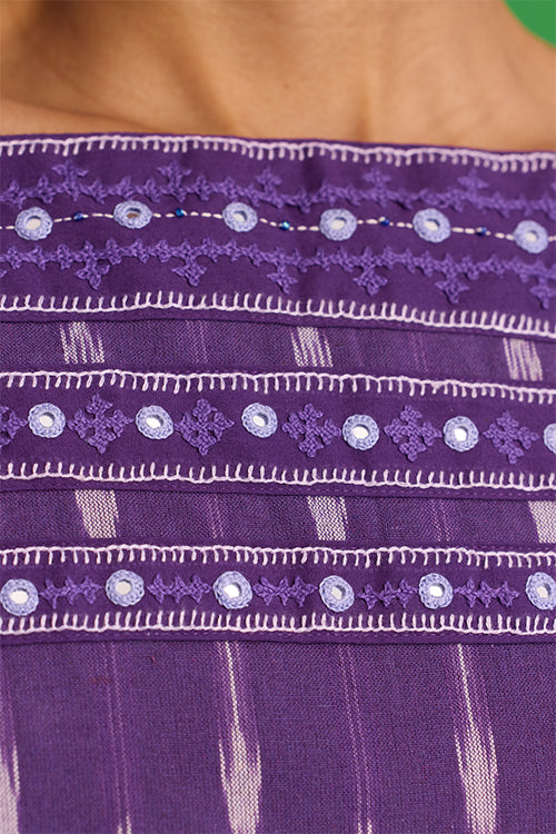 Okhai "Mulberry" Hand-Embroidered Mirrorwork Pure Cotton Ikkat Purple Top - Image 6