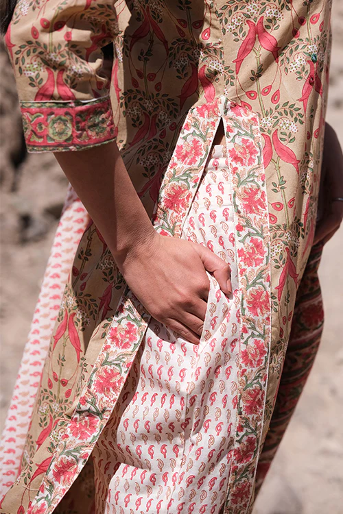 Okhai "Nagma" Handblock Printed Mirrorwork Kurta Pant Set - Image 4