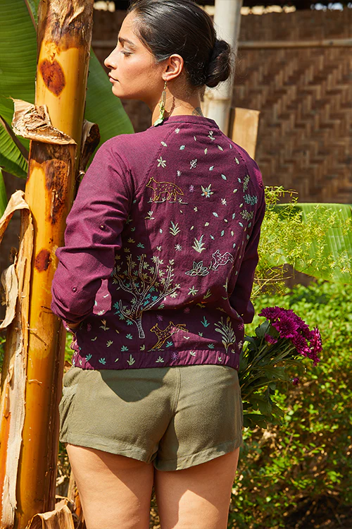 Okhai 'Night Forest' Hand Embroidery Mirror Work Pure Cotton Bomber Jacket - Image 2