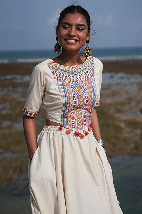 Okhai 'North Star' Hand-Embroidery and Mirrorwork Off White Pure Cotton Blouse