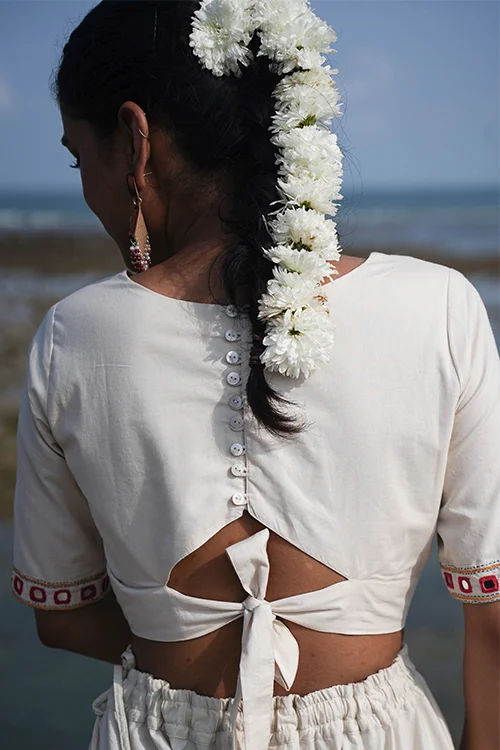 Okhai 'North Star' Hand-Embroidery and Mirrorwork Off White Pure Cotton Blouse - Image 4