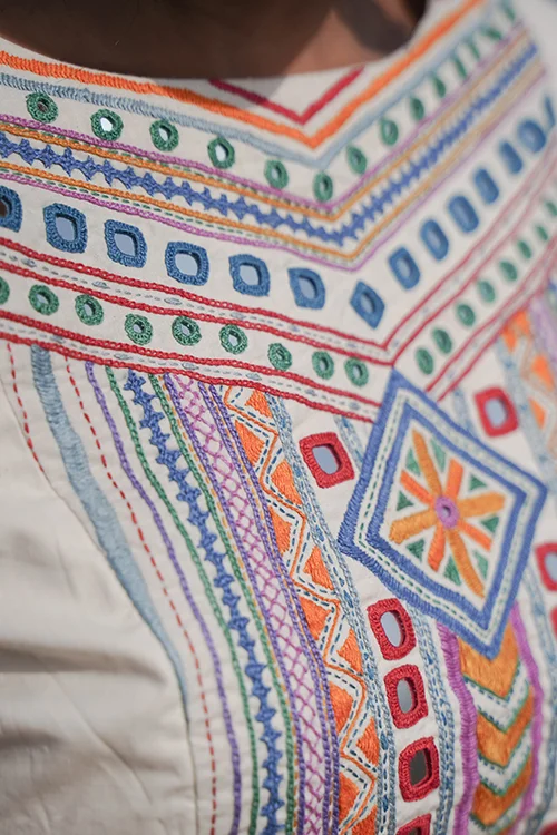 Okhai 'North Star' Hand-Embroidery and Mirrorwork Off White Pure Cotton Blouse - Image 8