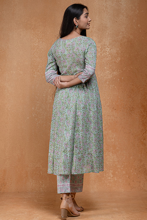 Okhai "Ocean Mist" Hand Embroidered and Mirrorwork Handblock Printed Pure Cotton Kurta Pant Set - Image 6