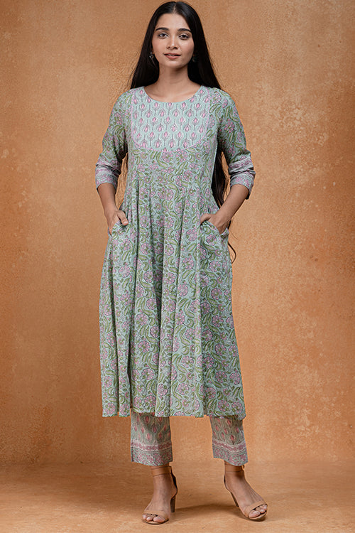 Okhai "Ocean Mist" Hand Embroidered and Mirrorwork Handblock Printed Pure Cotton Kurta Pant Set - Image 8