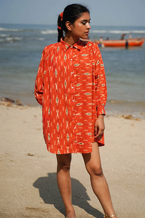 Okhai "Oleander" Orange Ikkat Pure Cotton Shirt Dress - Image 2