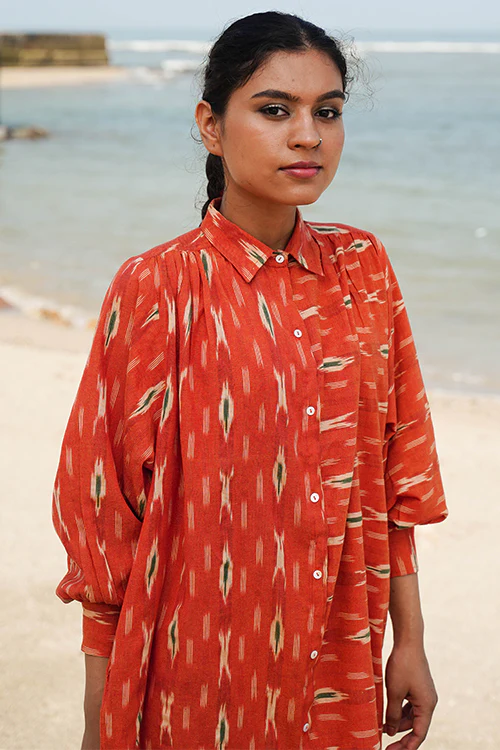 Okhai "Oleander" Orange Ikkat Pure Cotton Shirt Dress - Image 3