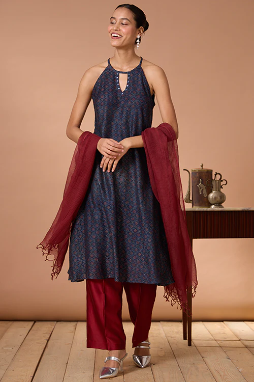 Okhai "Opal Ballad" Hand Embroidered MIrrorwork Handblock Printed Chanderi Silk Ajrakh Kurta Pant Set with Dupatta - Image 10