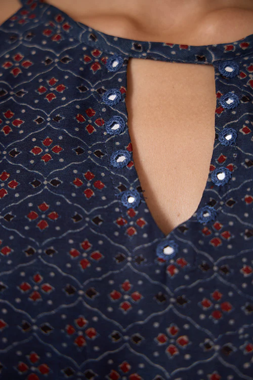 Okhai "Opal Ballad" Hand Embroidered MIrrorwork Handblock Printed Chanderi Silk Ajrakh Kurta Pant Set with Dupatta - Image 5