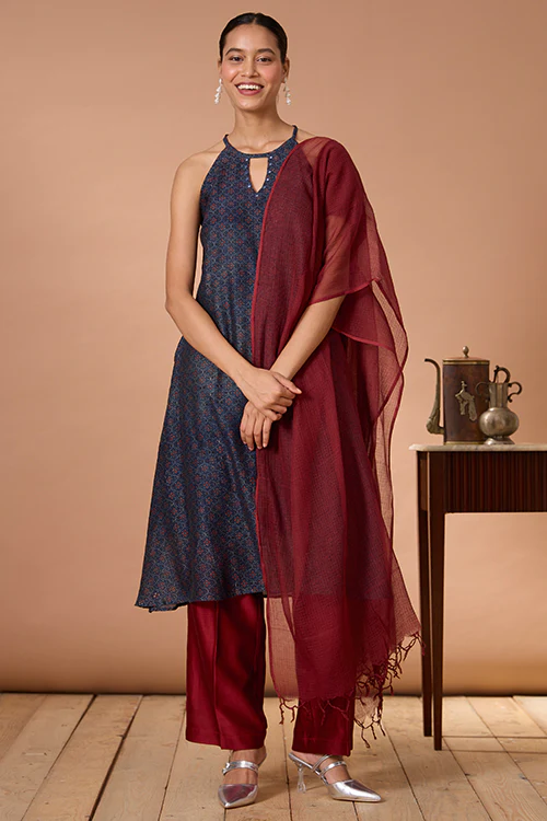 Okhai "Opal Ballad" Hand Embroidered MIrrorwork Handblock Printed Chanderi Silk Ajrakh Kurta Pant Set with Dupatta - Image 8