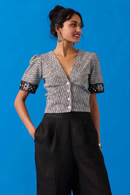 Okhai "Pasapali" Hand-Embroidery and Mirror Work Ikkat Pure Cotton Top - Image 3