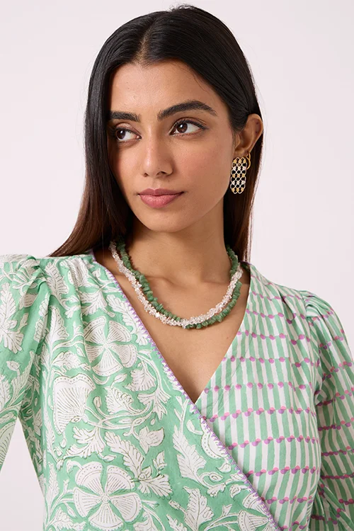 Okhai "Pasture" Hand embroidered Pista Green Hand Block Printed Pure Cotton Wrap Dress - Image 3