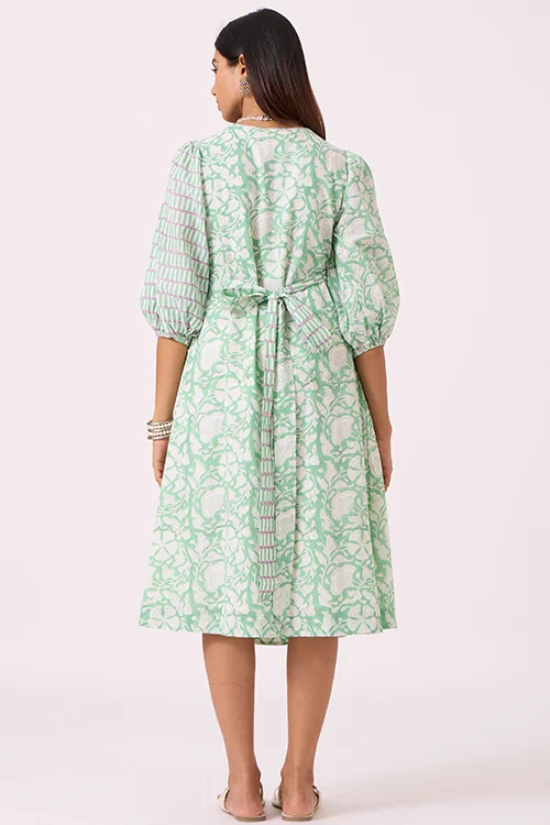 Okhai "Pasture" Hand embroidered Pista Green Hand Block Printed Pure Cotton Wrap Dress - Image 4