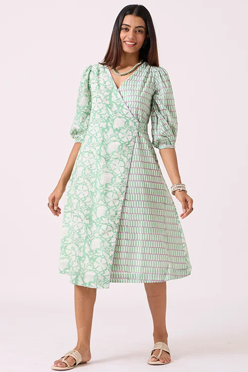 Okhai "Pasture" Hand embroidered Pista Green Hand Block Printed Pure Cotton Wrap Dress - Image 5