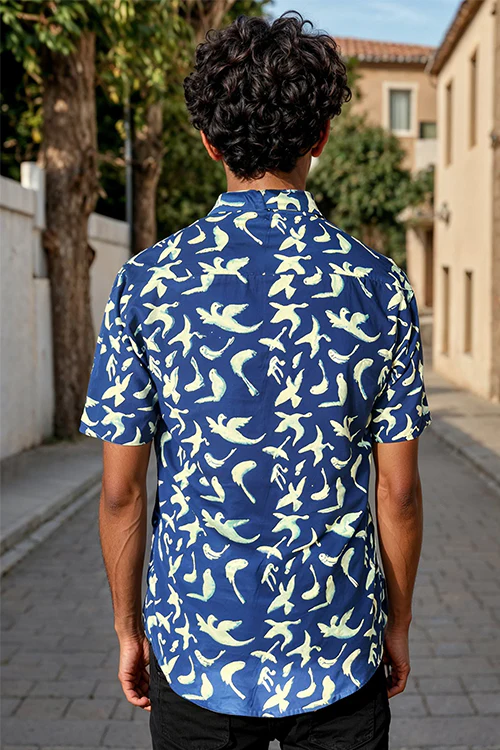 Okhai "Peace Flight" Handblock Printed Pure Cotton Half-Sleeved Shirt - Image 2