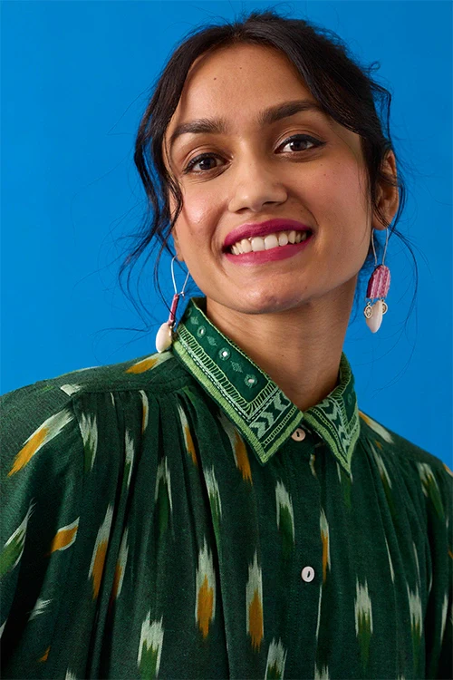 Okhai “Peacock Flare” Hand-Embroidered Ikkat Pure Cotton Shirt Dress - Image 2