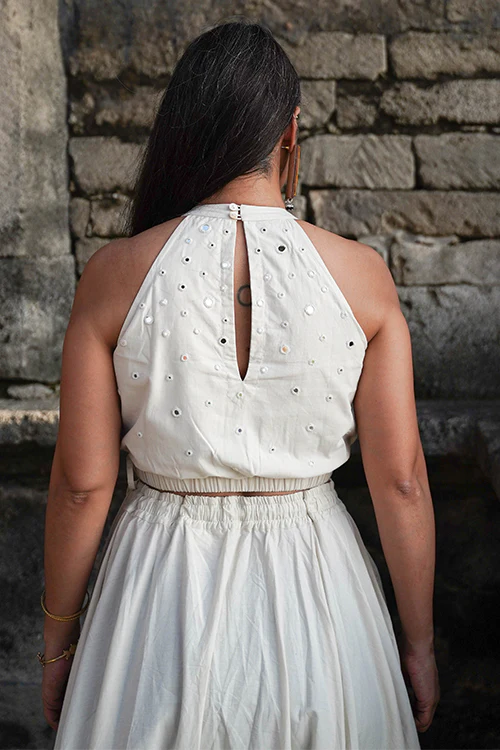 Okhai "Peony" Mirrorwork Off White Pure Cotton Halterneck Blouse - Image 3