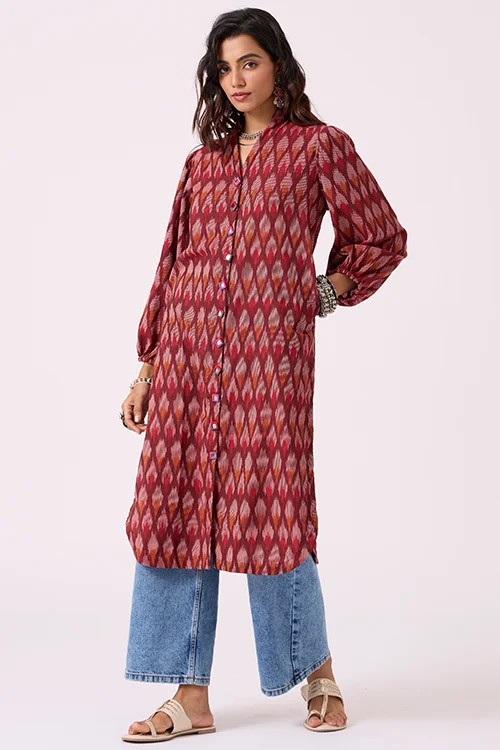 Okhai "Perky" Pure Cotton Ikat Maroon Kurta - Image 3