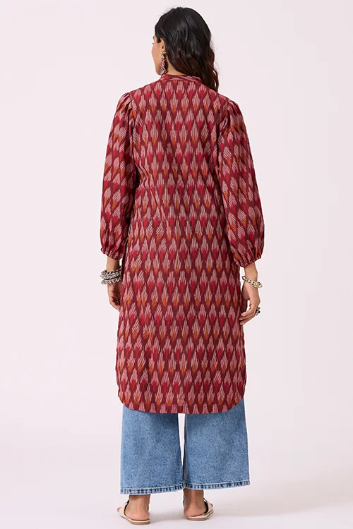 Okhai "Perky" Pure Cotton Ikat Maroon Kurta - Image 4