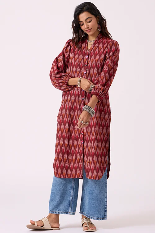 Okhai "Perky" Pure Cotton Ikat Maroon Kurta - Image 5