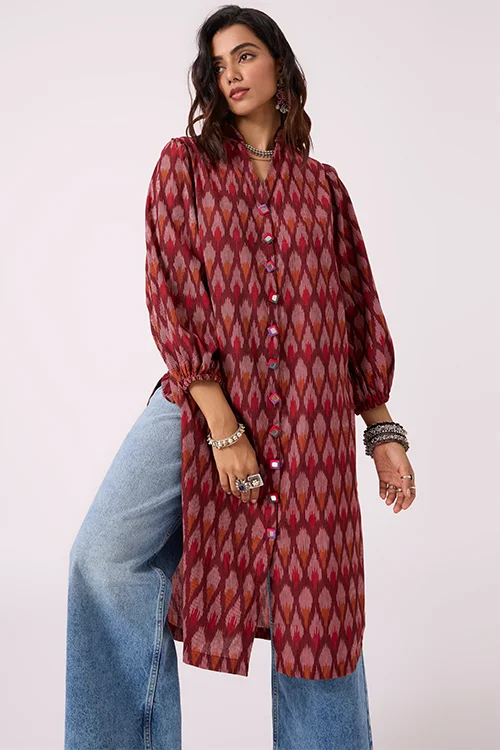 Okhai "Perky" Pure Cotton Ikat Maroon Kurta - Image 6