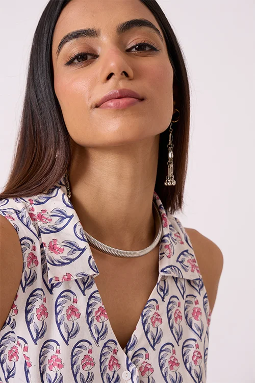 Okhai "Petals" Hand Block Printed Pure Cotton Sleeveless Top - Image 3